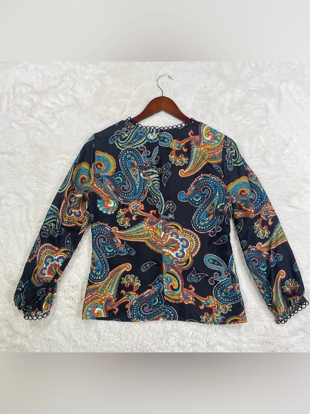 J. Crew Black Paisley-Print Long Sleeve Top with Multicolor Swirls